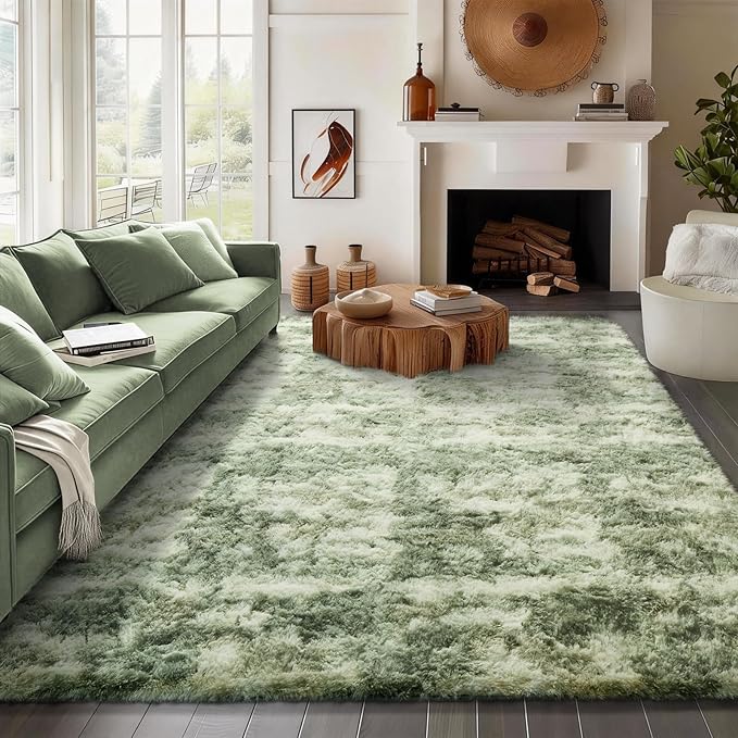 Ophanie Green and White Area Rugs for Living Room 8x10, Fluffy Shag Large Fuzzy Plush Soft Carpets, Floor Shaggy Rugs for Bedroom, Carpet for Kids Boys Girls Dorm Nursery Home Decor Aesthetic