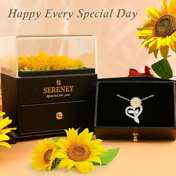 Sereney Preserved Sunflower Gifts for Women, Sunflower Necklace You are My Sunshine as Mothers Day Gift for Mom, Silver Necklace Anniversary Birthday Gifts for Wife Daughter Girlfriend