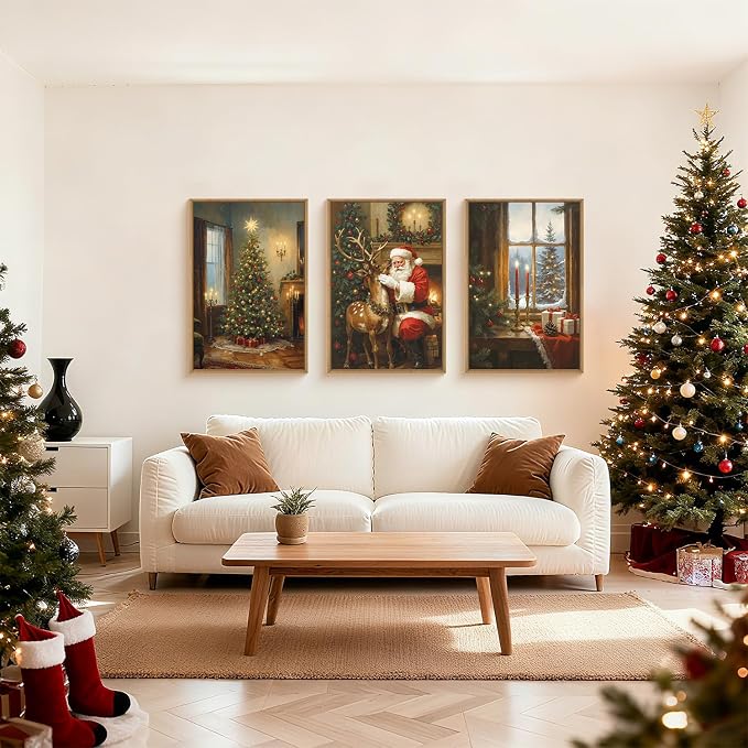 Vintage Christmas Wall Art Set, Santa Reindeer Snowy Painting, Lit Tree Candle Window Artwork for Living Room, Bedroom, Fireplace, Xmas Gifts for Home Decoration -16"x24"x3