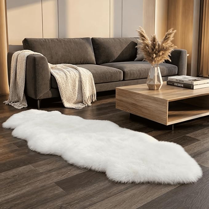 Premium Genuine Sheepskin Rug, Fuzzy Fluffy Shaggy Fur Wool Area Carpet for Soft Fur Pray Pup Mat,Bedroom,Living Room,Chair Sofa Seat Cover,Ivory White, 2' x 6'
