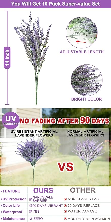 TURNMEON 10 Bundles Artificial Lavender Flowers for Outdoors Summer Decor,UV Resistant Fake Flowers Plants Flocked Faux Plastic Shrubs Wedding Bouquet Window Box Table Home Cemetery Decor(Gray Purple)