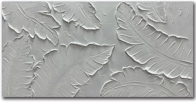 Art8YuQi Paintings - Contemporary Abstract Art leaf Oil Painting On Canvas Texture 3D White Painting Plantain Handmade Artwork Picture Canvas Wall Art Modern Home Decor living room Ready to Hang 24X48 inch