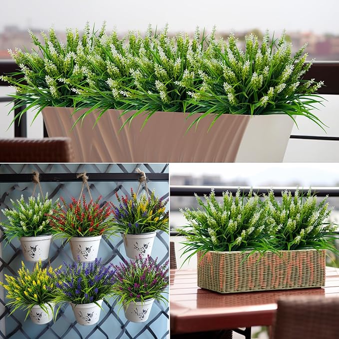 Nigirior Artificial Flowers for Outdoor Plants 24 Bundles Fake Lavender Plastic Faux Monkey Grass for Verandah Window Garden Office Patio Front Porch UV Resistant for Planter(White)