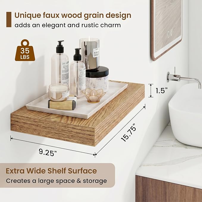 Marsmiles 16in Floating Shelves for Wall, 16" W x 9.25" D x 1.25" H, 2 Pack Long Wall Mounted Engineered Wood Shelves with Invisible Brackets for Living Room, Bedroom, Bathroom, Kitchen, Cedar