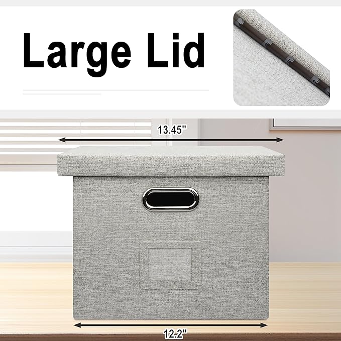 Graciadeco File Organizer Box, Collapsible Storage Filling Collectior with Lid for Letter Legal Size Hanging Folders Decorative Linen File Folder Box Document Storage Filing Bin, Beige 2 Pack