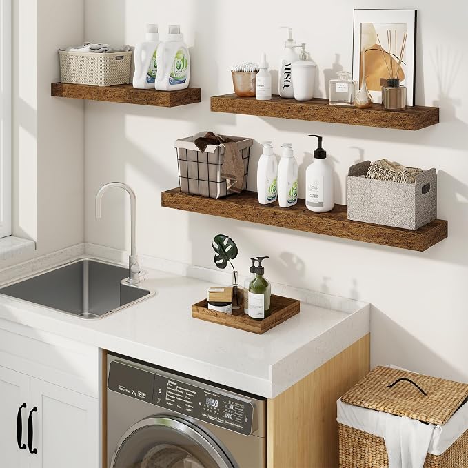 fuqing Floating Shelves for Wall, Wall Mounted Wood Floating Shelf with Invisible Brackets for Living Room, Bathroom, Bedroom, Kitchen Storage and Decor, 16 Inch Set of 2, Rustic Brown