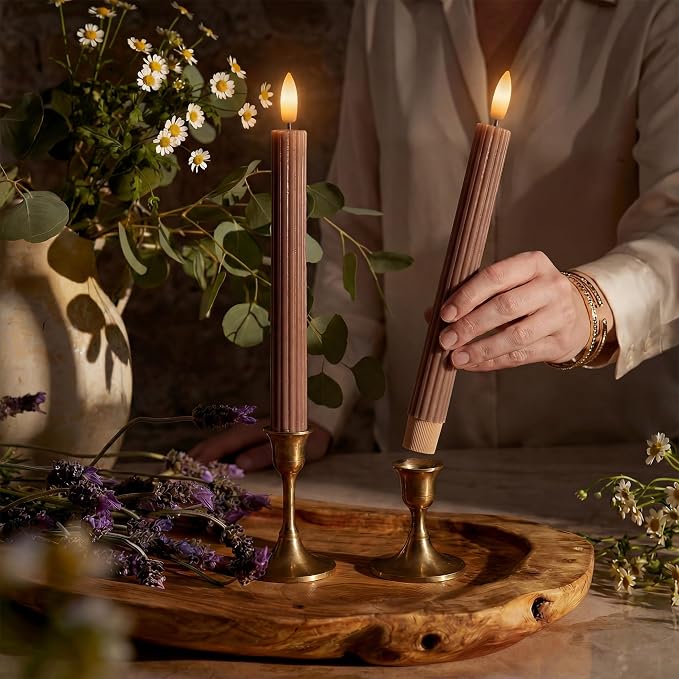 6 Pack, 10" LED Flameless Real Wax Brown Tan Fluted Ribbed Grooved Taper Candles, Remote & 24h Timer Memory, On/Off Button, Dimmable, Flicker Mode, Battery Operated, Wedding