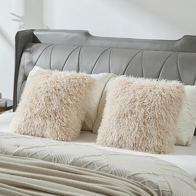FUTEI Pack of 2 Shaggy Mongolian Faux Wool Throw Pillow Covers 18x18 Inch Soft Decorative Cushion Case for Couch Bed Living Room, Beige