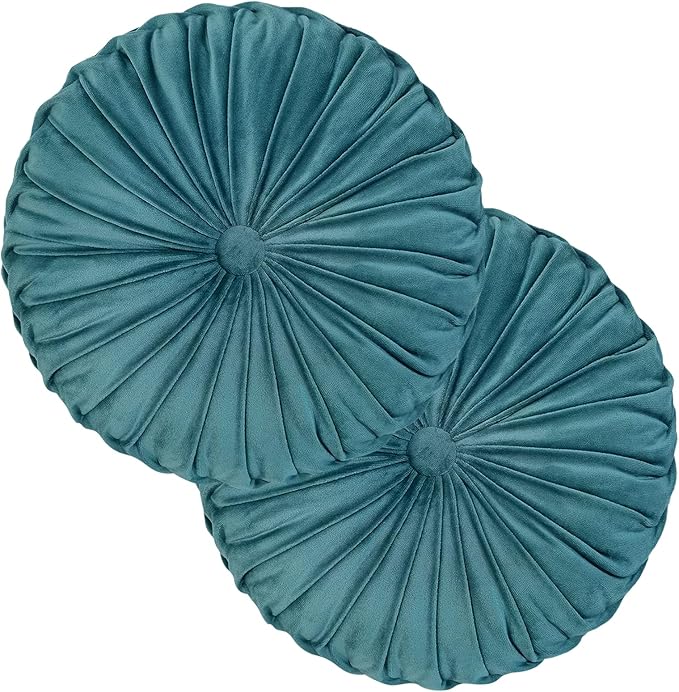 Teieas 2 Pcs Round Throw Pillows Decorative Pumpkin Velvet Boho Pleated Bed Pillows Back Support for Couch Chair Dorm Car 14.96'' (Lake Blue)