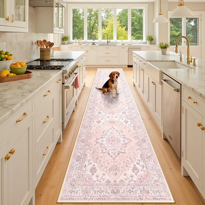 RELEANY Area Rugs 3'x10' Runner Rug Non Slip Washable for Kitchen Hallway Bedroom Beside Laundry Room Bathroom Rug, Floor Carpet, Pink Greypink Cute