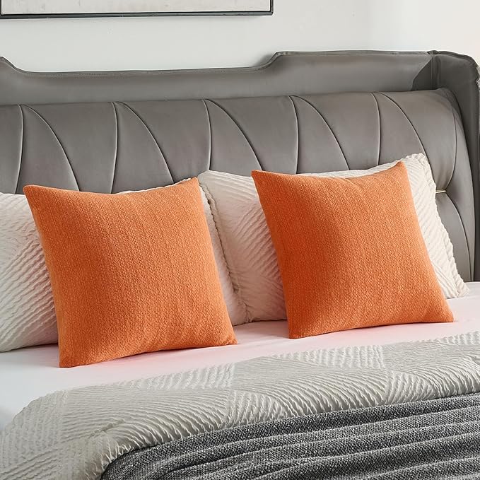 FUTEI Orange Chenille Throw Pillow Covers 24x24 Inch Set of 2,Soft Striped & Diamond Textured European Cushion Cases,Modern Home Decor for Couch Living Room