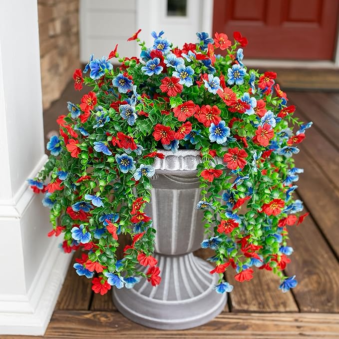 HyeFlora Faux Flowers for Outdoors Decoration, 2Pcs Artificial Fake Hanging Spring Summer Decor, Red and Blue Realistic Plants, UV & Fading Resistant Silk Flower for Porch Patio Balcony Planter Yard
