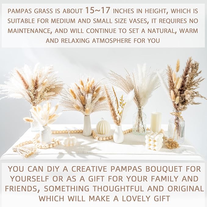 70PCS Natural Dried Pampas Grass Boho Home Decor Bouquet Phragmites Dried Flowers Bouquet for Wedding Floral Arrangements Living Room Decorations (70PCS)