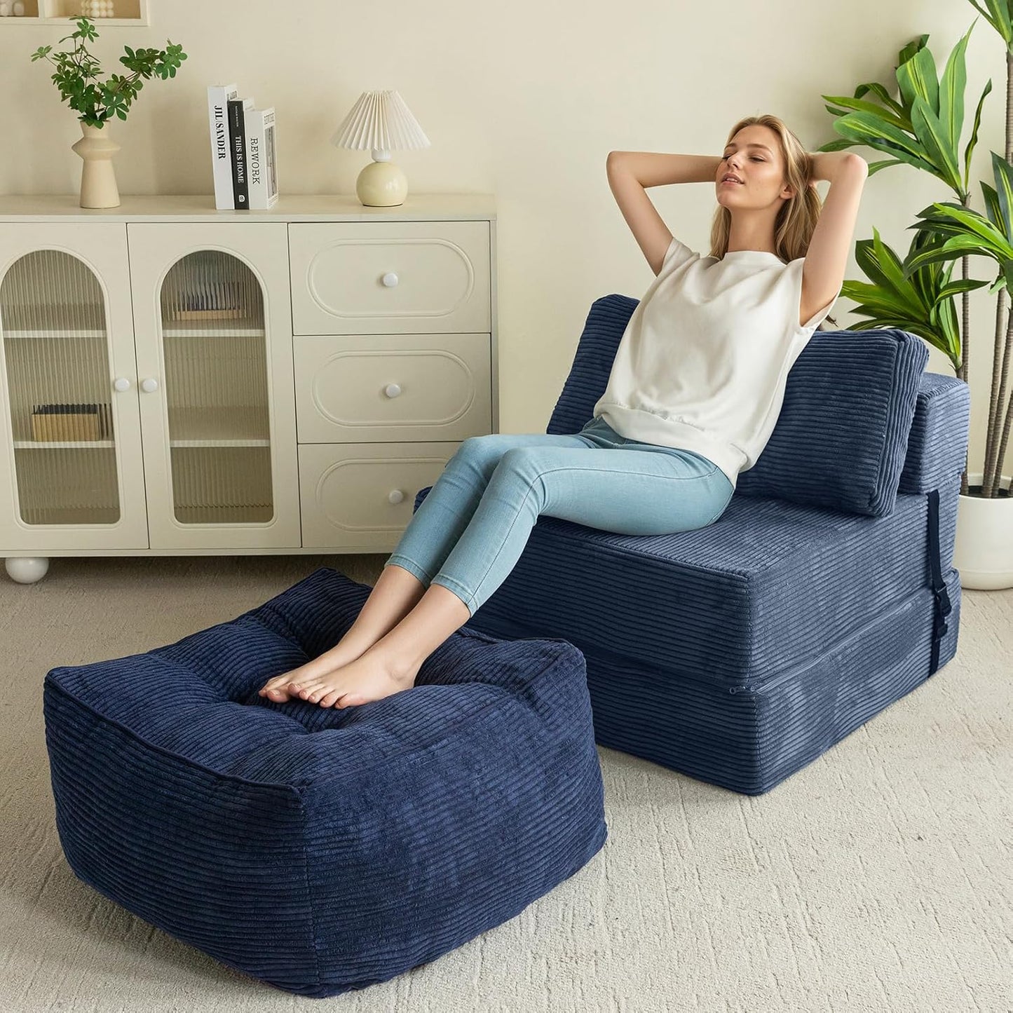 HIGOGOGO Square Stuffed Pouf Ottoman, Corduroy Poufs with Foam Chunk Filling, Furry and Fluffy Pouf Foot Stool Storage Ottoman, 21 X 21 Floor Poufs Foot Rest for Living Room, Navy