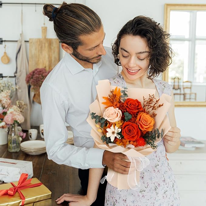 Flowers for Delivery Prime Preserved Flower Bouquet That Last 3-5 Years Real Forever Rose Bouquet for Her Women Wife Grandma Girlfriend Anniversary Birthday Mothers Day Gifts for Mom,Orange