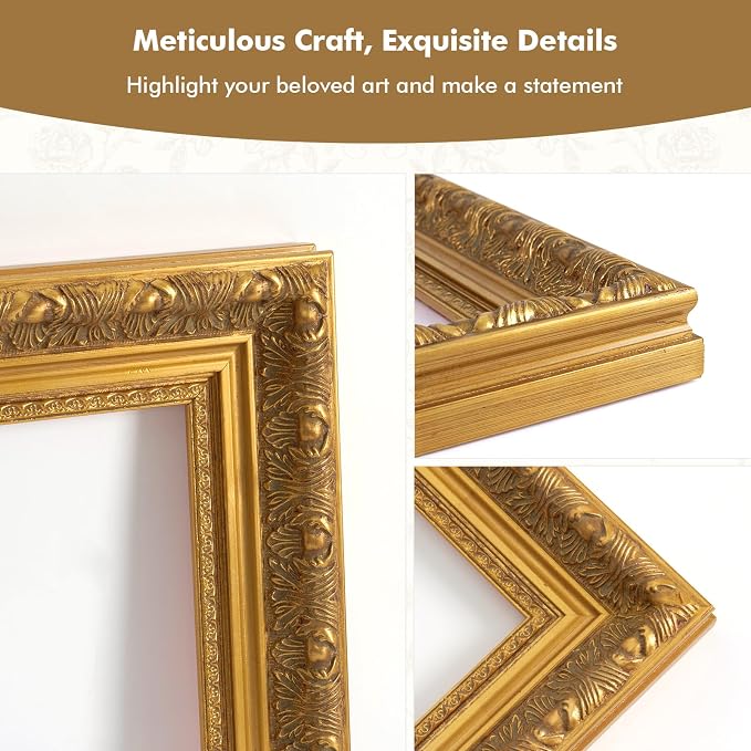 DIY Canvas Frame for 18x24 Painting, 2.4" Wide Antique Gold Ornate Wood Frame, Vertical or Horizontal Display for Vintage Art Prints Gallery Wall Decor (No Plexiglass & Backing Board)