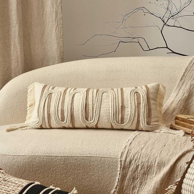 Decorative Lumbar Pillow Cover 12x28, Handwoven Boho Long Body Pillow for Bed Farmhouse Lumbar Throw Pillow, Cotton Linen Tassel Cushion Case for Sofa, Living Room, Bedroom(Beige)
