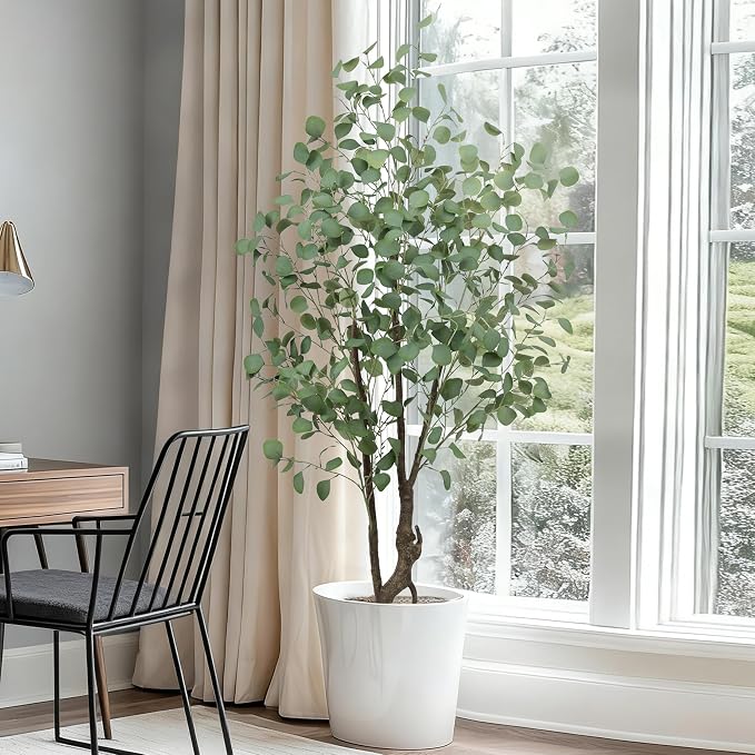 Artificial Eucalyptus Tree 5ft, Faux Floor Plant Large Fake Silk Trees with Pot for Home Office Living Room Bedroom Indoor Outdoor Decor(5feet Tall)