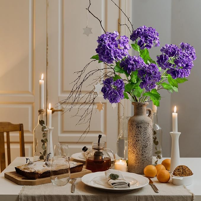 RUZUQE YalzoneMet Purple Small Hydrangea Artificial Flower 4 Pcs 26.8'' Lifelike Long Stem Snowball Viburnum Real Touch Faux Latex Flowers for Home Christmas Decoration Outdoor Wedding Decor