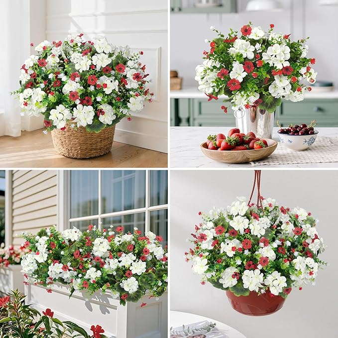 Ouddy Decor 18'' Artificial Geraniums Flowers for Outdoors, 10 Bundles Mixed Fake Silk Flowers Plastic Plants UV Resistant for Summer Garden Porch Patio Planter Home Decor, White