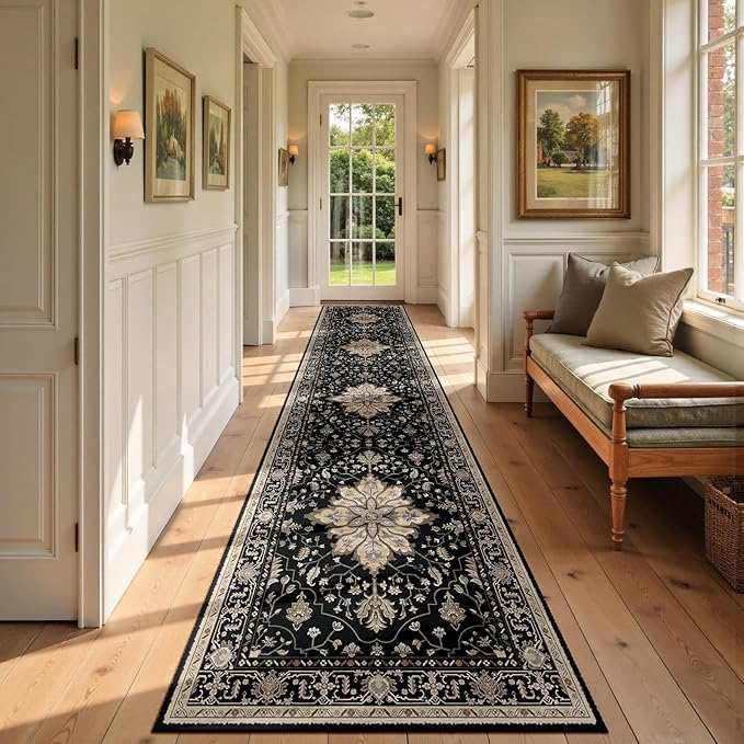 RELEANY Area Rugs 2'6''x10' Runner Rug Non Slip Washable for Kitchen Hallway Bedroom Beside Laundry Room Bathroom Rug, Floor Carpet, Black Brown Neutral Dark Tan