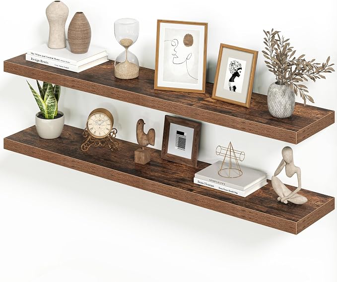 Floating Shelves for Wall 48 Inches Long,9.3" Deep Rustic Brown Floating Shelf Set of 2,Wall Mounted Wood Shelves for Bathroom Bedroom Living Room Kitchen Office,Shelf for Books Storage Room Decor