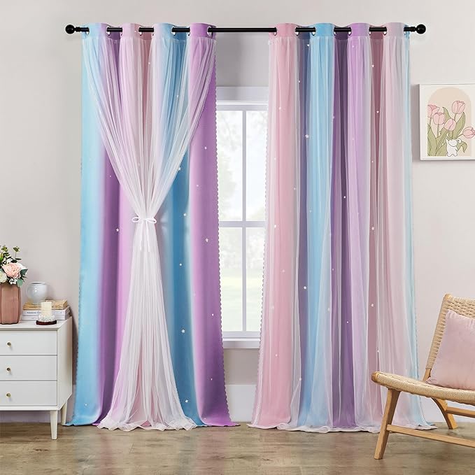 XiDi Girls Curtains for Bedroom Decor 108 Inches Long Colorful Rainbow Star Blackout Curtains for Kids Princess Nursery Room Unicorn Wall Decor Ombre Grommet Drapes Pink Purple W52 X L108 2 Panels