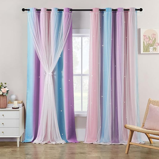XiDi Girls Blackout Curtains 102 Inches Long for Bedroom, Room Darkening Grommet Window Ombre Curtains 2 Panel Sets, Kids Unicorn Princess Theme Decor Colorful Rainbow Design Pink Purple 42WX102L