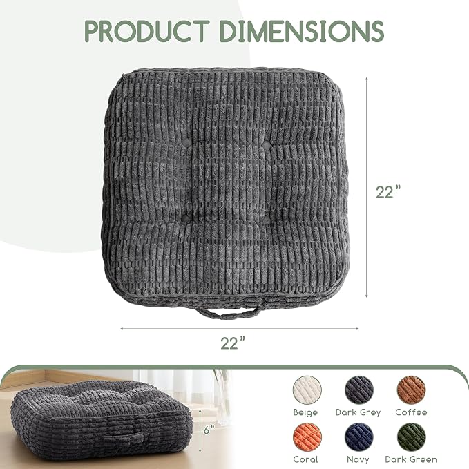 HIGOGOGO 6" Floor Pillow Cushion for Adults, Meditation Cushion Pillow, Blended Corduroy Cover, Large Square Floor Sitting for Tatami Living Room or Yoga, 22x22 Inch, Dark Grey