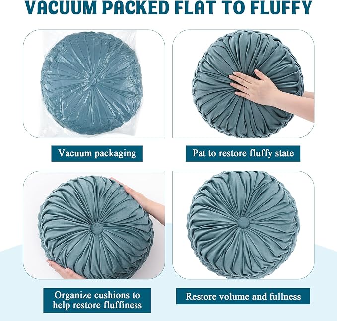 Drydiet 1 Pcs Round Throw Velvet Pillows Decorative Pleated Throw Pillows Diameter Accent Pumpkin Boho Chair Cushion for Couch Sofa Home Decoration (Dusty Blue,15'')