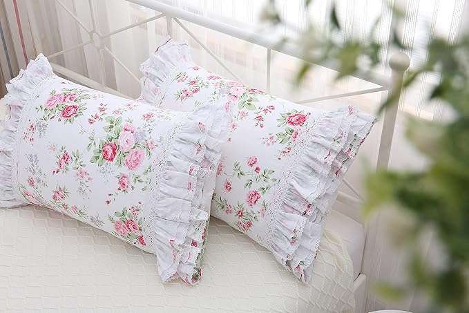 2-Pack Rose Floral Print Pillow Shams with Lace Ruffles Shabby Chic King Size Pillowcases 20" x 36 "Country Vintage Style