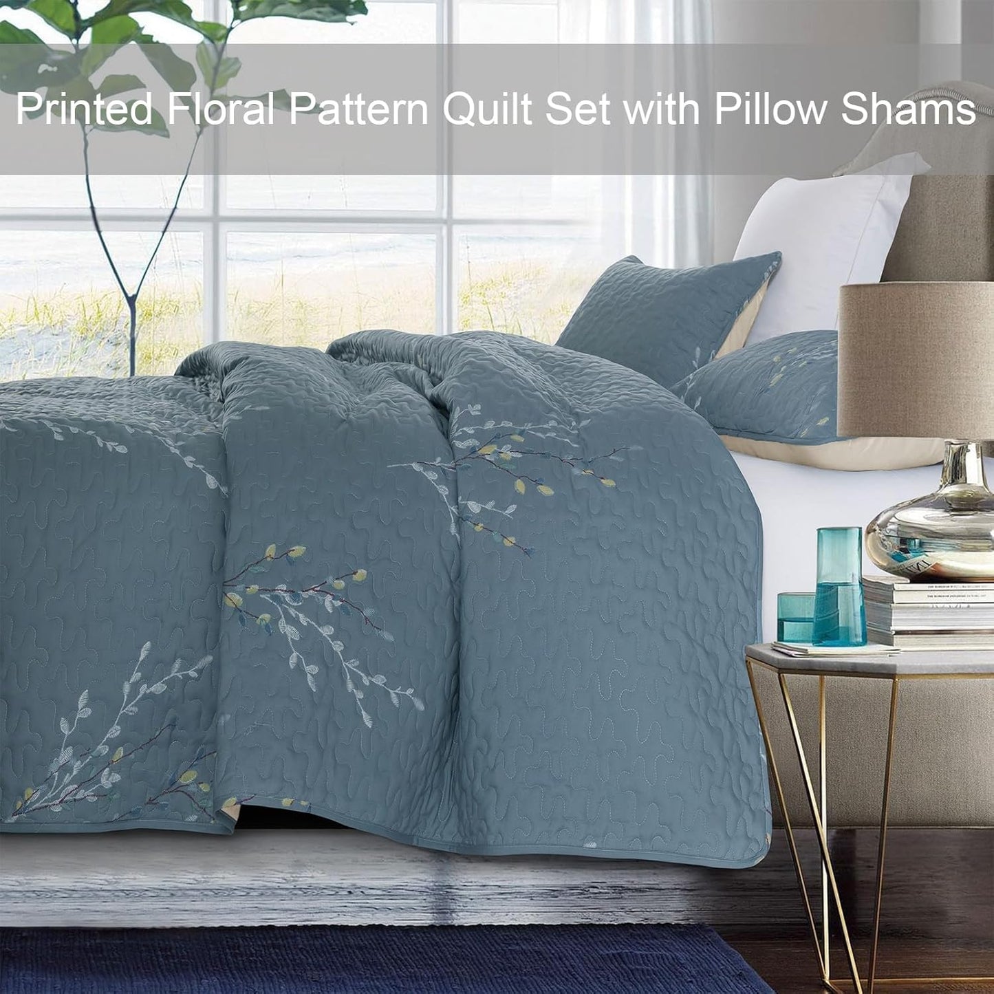 Exclusivo Mezcla Reversible Boho Quilt Set King Size, 3 Pieces Flowers Blue All Season Bedspreads, Ultra Soft Floral Coverlet Bedding Set with Printed Pattern (1 Quilt, 2 Pillow Shams)