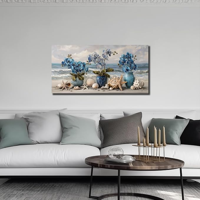 AOZEMI Blue Wall Art Beach Ocean Wall Decor Flower Canvas Art Coastal Seascape Pictures Floral Vase Poster Starfish Conch Shell Print Art for Bedroom Bathroom Living Room Office 20"x 40"