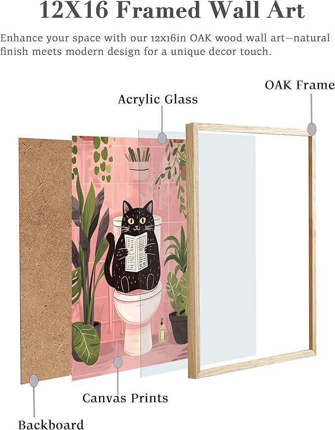 UPWOIGH Beige OAK Framed Wall Art, Black Cat Reading the Newspaper Poster, Wood Canvas Wall Decor,Animals Abstract Prints, 12"x16"High-end Pictures for Bathroom Bedroom,1 Pack