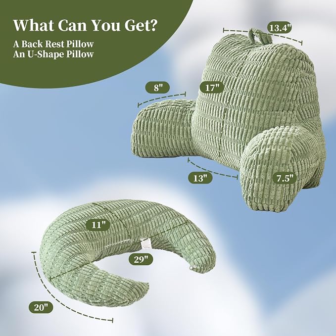 19" Reading Pillow for Bed,U Shaped Arm & Elbow Support,Green Corduroy | Backrest Supports Back,U Shaped Lap Pillow Cushions Arms,Elbows & Wrists,Ribbed Corduroy for Reading,Gaming,Watching TV