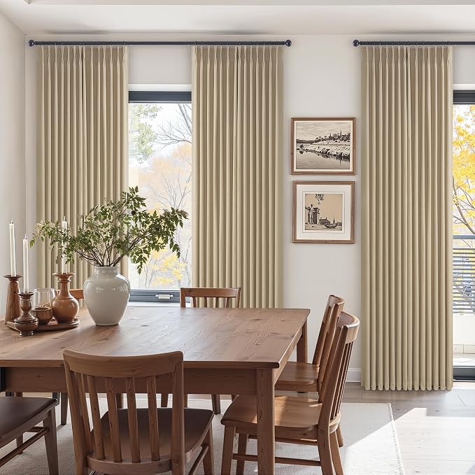 Pleated Linen Curtains 90 Inches Long for Living Room 2 Panels Rustic Farmhouse Khaki Thick Linen Textured Pinch Pleat Hooks Rings Back Tab Floor to Ceiling Semi Sheer Drapes Bedroom 90 Inch Taupe