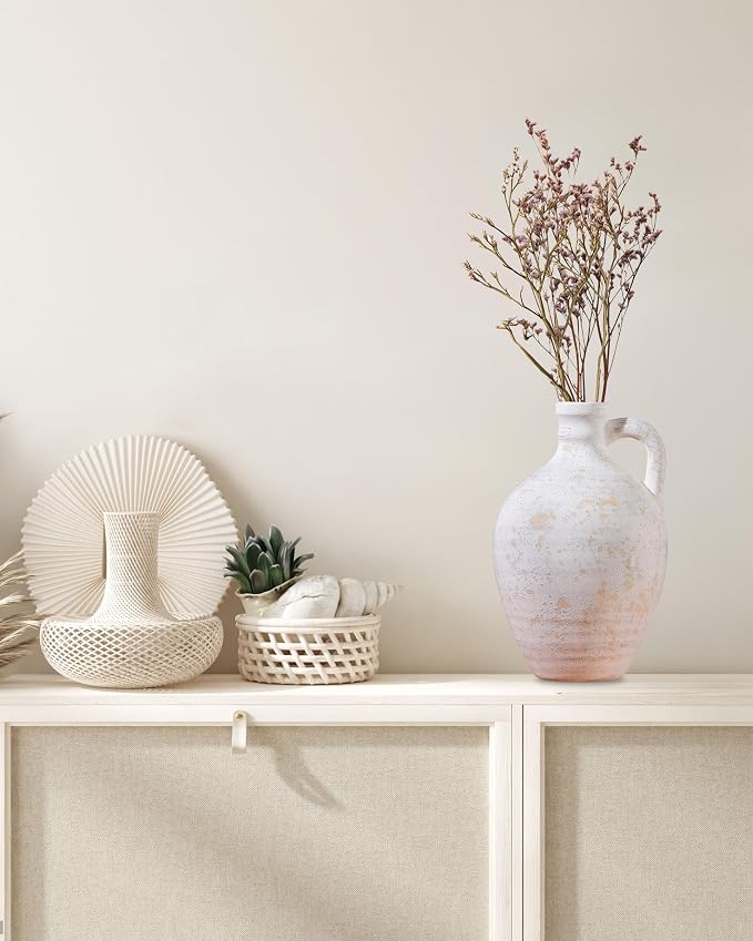 UPWOIGH 9.8in Ceramic Flower Vase with Handles | Off-White Finish, Handcrafted Weathered Texture, Rustic Farmhouse Style, Table Shelf Living Room Décor