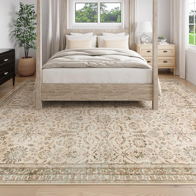 Lahome Tan Beige Area Rug, Distressed Boho 8x10 Rugs for Living Room | Machine Washable Soft Non Slip Room Carpet for Office Apartment Nursery