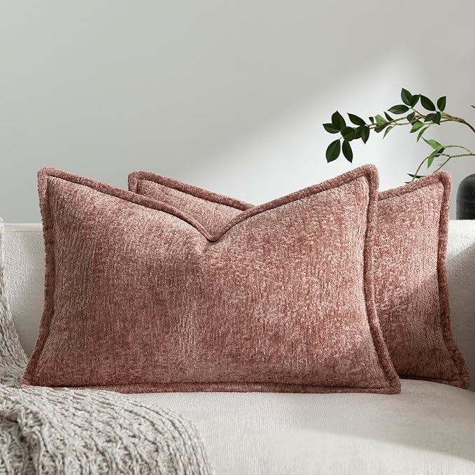 DEZENE Pack of 2 Pink Decorative Throw Pillow Covers 12x20 Cozy Soft Chenille Boho Accent Vintage Farmhouse Rectangular Lumbar Couch Pillow Covers for Home Decor Bed Sofa Living Room