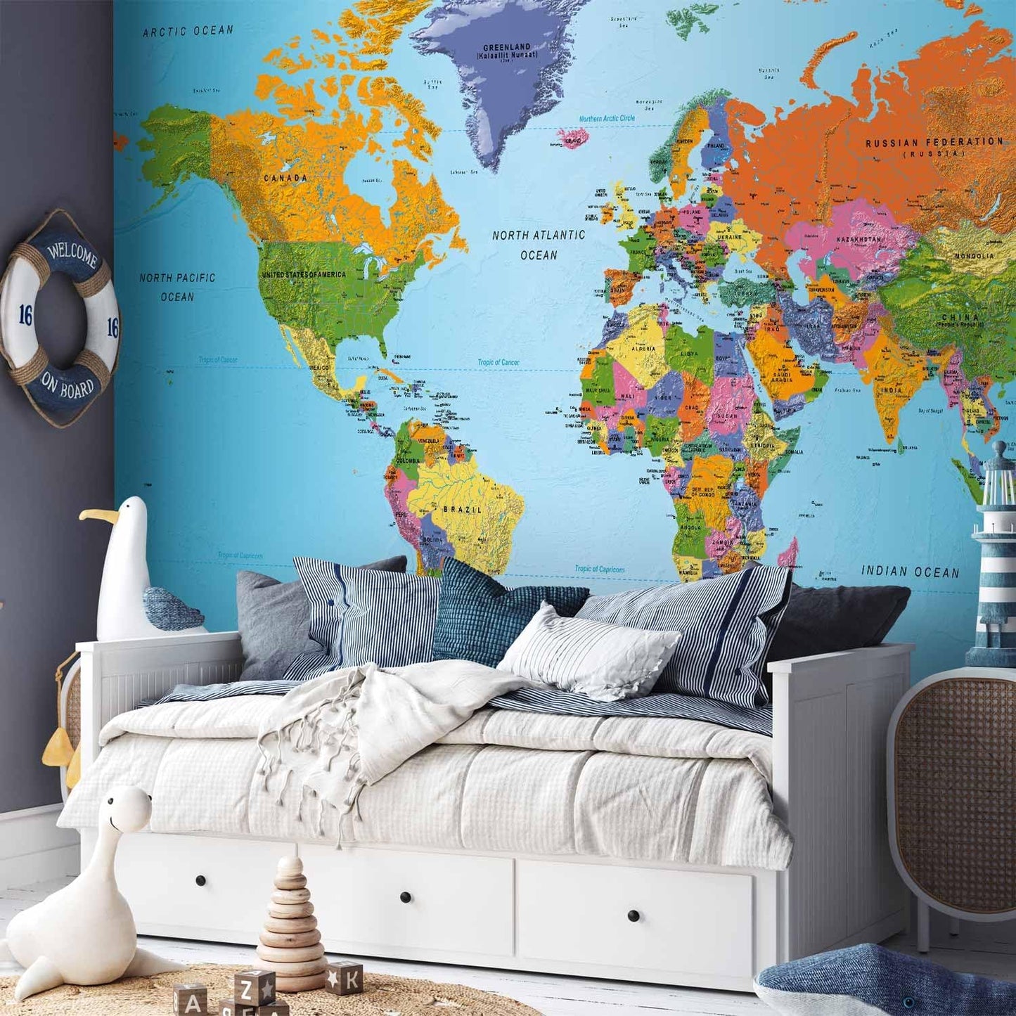 artgeist Premium Wall Mural World Map 197x138 in - Non-Woven Wallpaper Fleece Wall Decor Photo Print Picture Image Design Home Map of The World k-A-0095-a-a