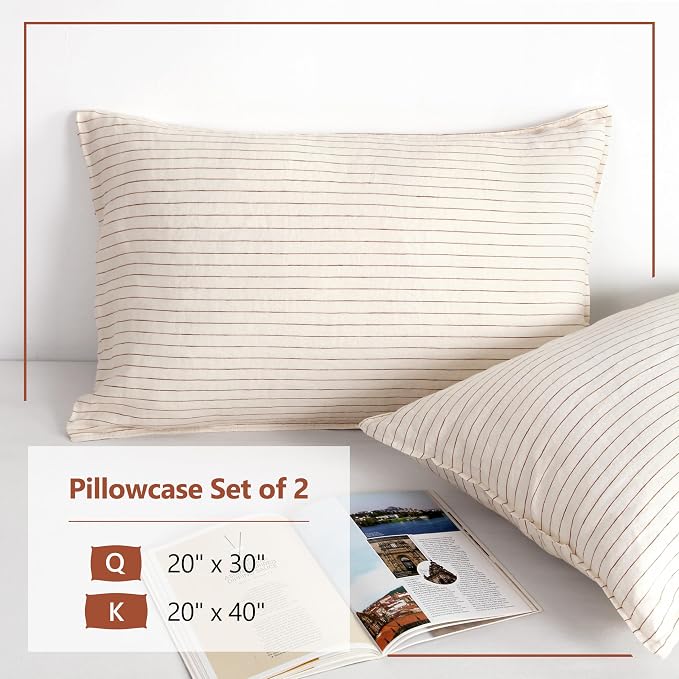 Striped Linen Pillow Cases Set of 2,20"x40" King Size,100% French Natural Flax Soft Linen Pillowcases,Rust Pinstripe