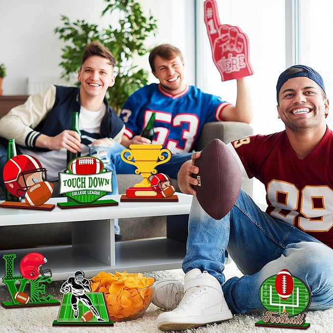 Cinnvoice 6 Pcs Football Table Decorations Wooden Table Centerpieces Rustic Wood Tabletop Sign Decorations for Home Kitchen Office Farmhouse Desk Shelves Party Tiered Tray Decor