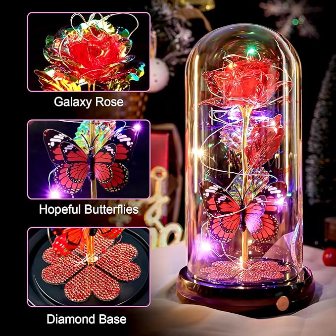 Mothers Day Rose Gifts for Mom Birthday Gift, Rechargeable Galaxy Glass Rose in Glass Dome Eternal Crystal Flower Butterfly Gift Mother's Day Flowers Gifts for Women Mom Wife Grandma Daughter Red