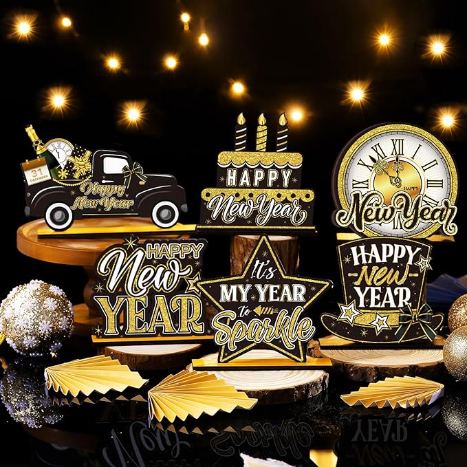 Cinnvoice 6 Pcs Happy New Year Table Decorations Wooden Table Centerpieces Rustic Wood Tabletop Sign Decorations for Home Kitchen Office Farmhouse Desk Shelves Party Tiered Tray Decor