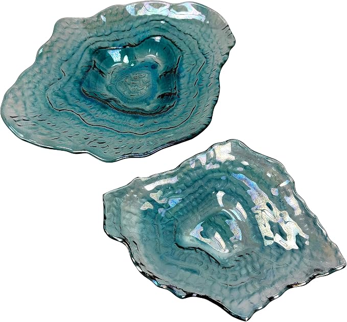 Set of 2 Oyster Shell Decorative Plates, 13 and 10 Inch Sea Blue Glass | Two Sizes for Layered Display, Wavy Uneven Rims, Glossy Finish Shifts Green, Purple, And Smoky Tones