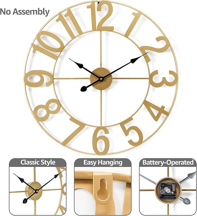 Sorbus Large Wall Clock for Living Room Decor - Wall Clock for Kitchen - 24 inch Big Wall Clock Decorative - Metal Wall Art - Analog Large Clock for Bedroom, Home, Kitchen, Office, Wall Decor (Gold)
