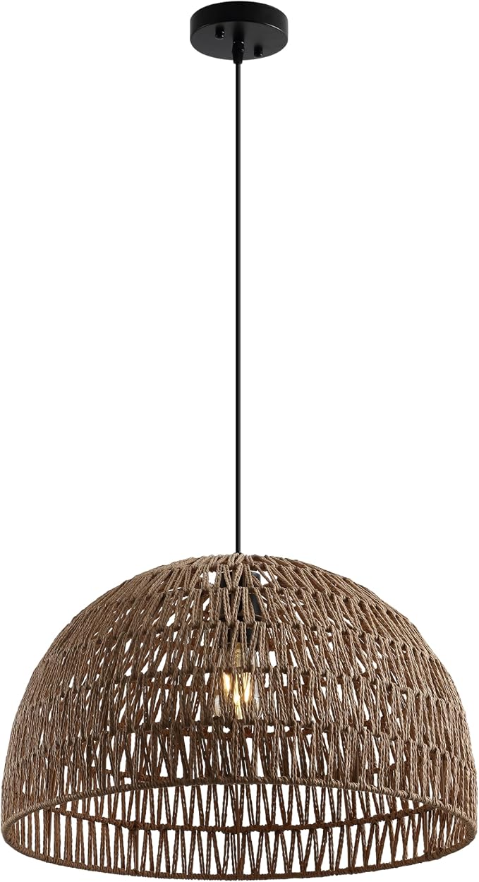 JONATHAN Y 20" Brown Modern Bohemian Woven Rope LED Pendant Light Fixture, Adjustable Dome Ceiling Lamp for Kitchen Island, Rope Shade, Coastal Farmhouse Decor (JYL6504F)