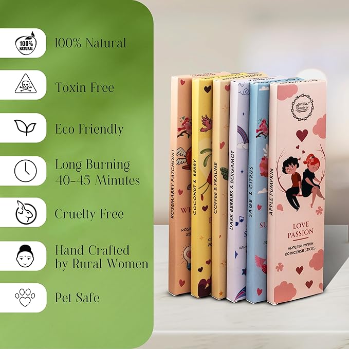 Raajsee Natural Incense Sticks with Insence Holder- Pack of 6 Organic Inscent -120 Insense Sticks, Non Toxic Clean Burning, Boho Gift Set, Sage,Apple Pumpkin,Coconut, Coffee,Rosemary Patchouli