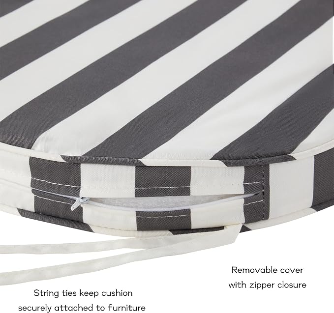 Set of 2 Outdoor 18 inch Round Patio Dining Chair Pads – Comfortable Fiber-Filled Seat Cushions with Ties, Reversible Polyester Fabric, Canopy Stripe Gray