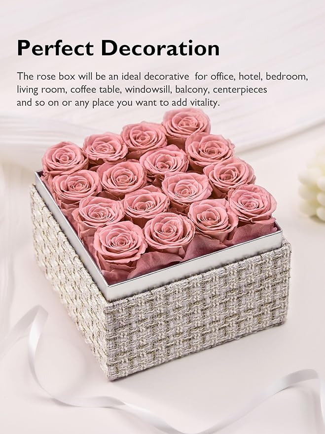 Eterfield Forever Flowers Preserved Roses Real Roses that Last Over a Year Rose Box Gifts for Her Mothers Day Valentines Day Christmas (Square Gold White Plaid Box, 16 Dusty Pink Roses)